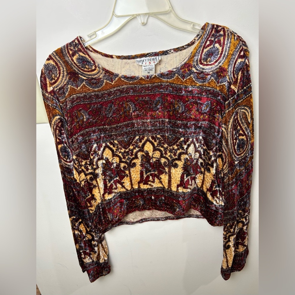 FUNKY PEOPLE Crop‎ Top M VTG 100% SILK Long Sleeve BOHO Hippie 90s Y2K Peasant